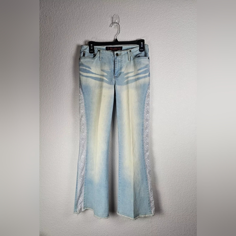 Vtg Mudd Bellbottom Jeans Light Wash Eyelet Lace Y2k Boho 7 Rare